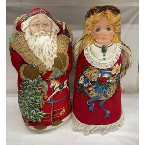 Vtg Fabric Father Christmas & Christmas Angel Stuffed Pillows Freestanding 18"